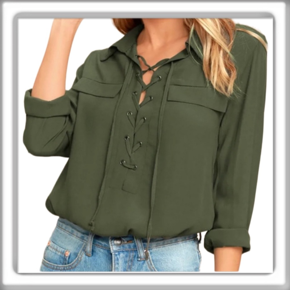 Lulu’s The Once in a Lifetime Olive Green Lace-Up Top Long Sleeves Size Small